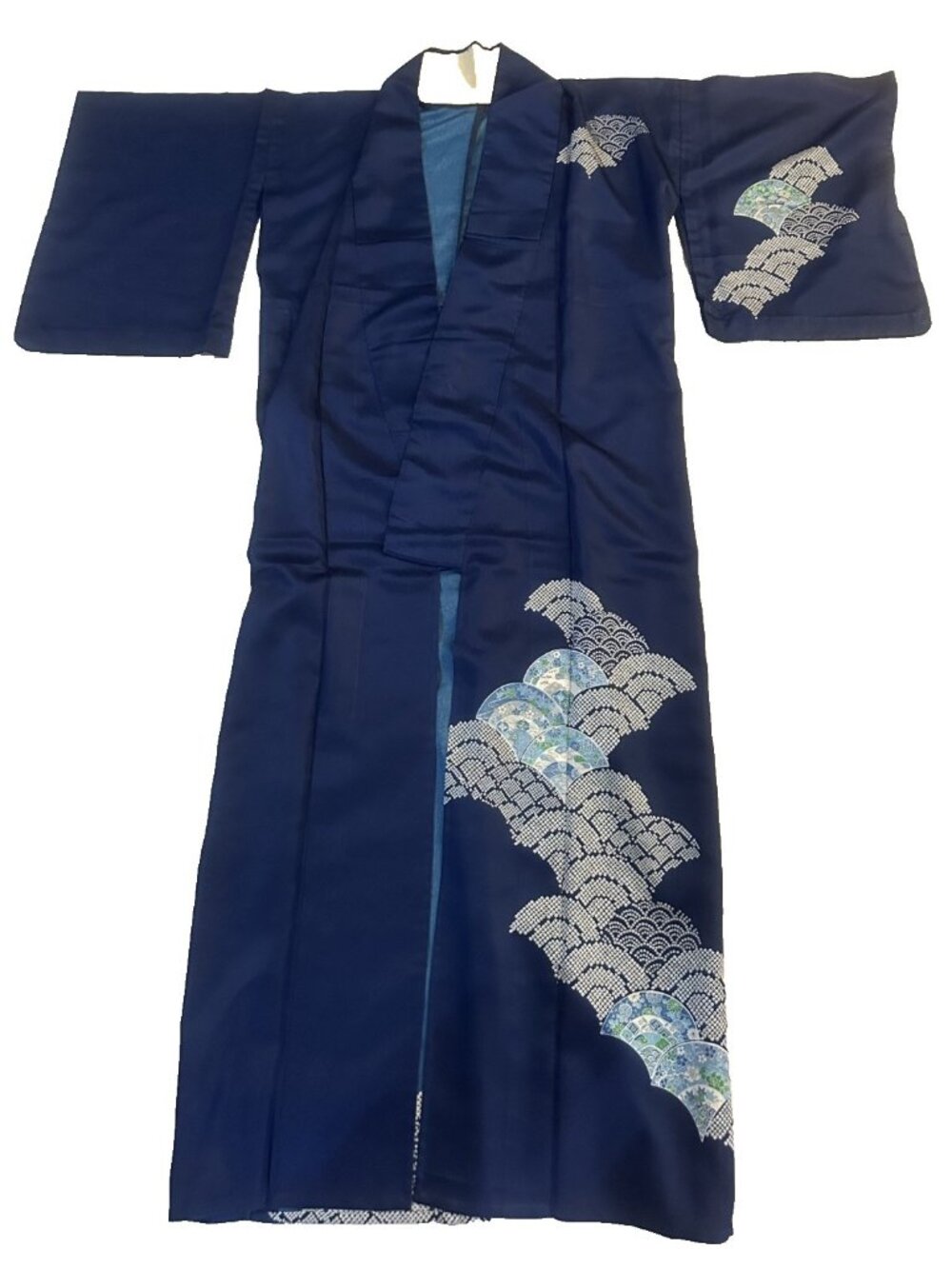 1960s 1970s kimono royal blue waves Japanese Japan original authentic robe VTG 2